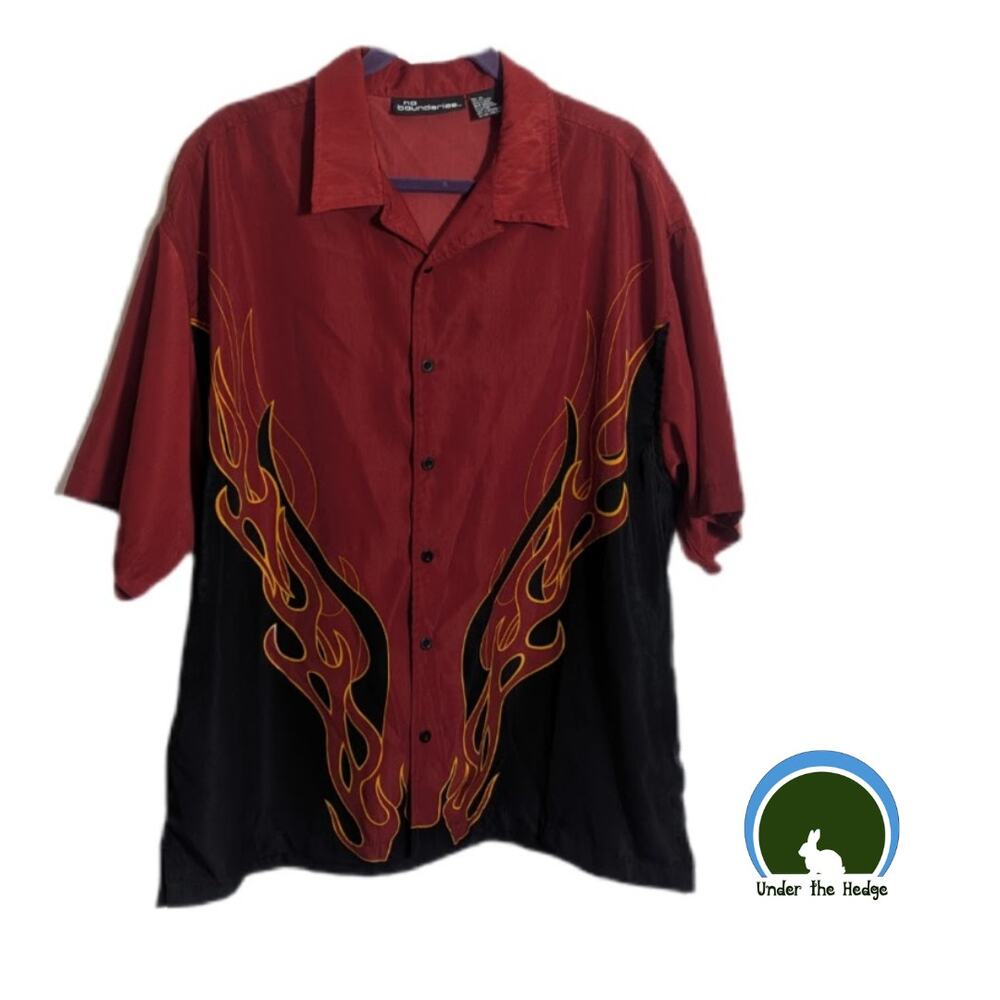 VTG Y2K No Boundaries Red Black Flame Bowling Shirt Men's XL Retro Grunge